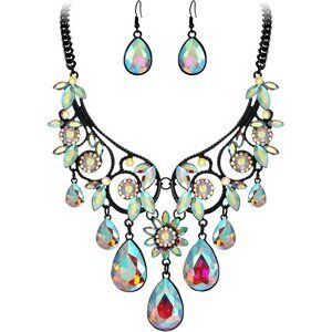 Women's Tribal Ethnic Crystal Chunky Statement Necklace Dangle Earrings Set